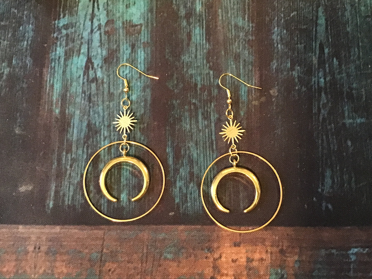 Golden moon star large ring earrings