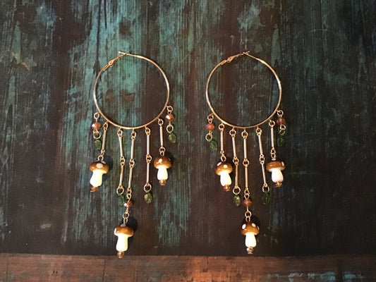 Mushroom charm tassel hoop earrings