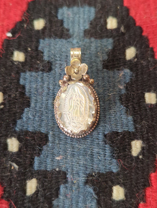 Mother of Pearl Virgin with Silver Flower Pendant