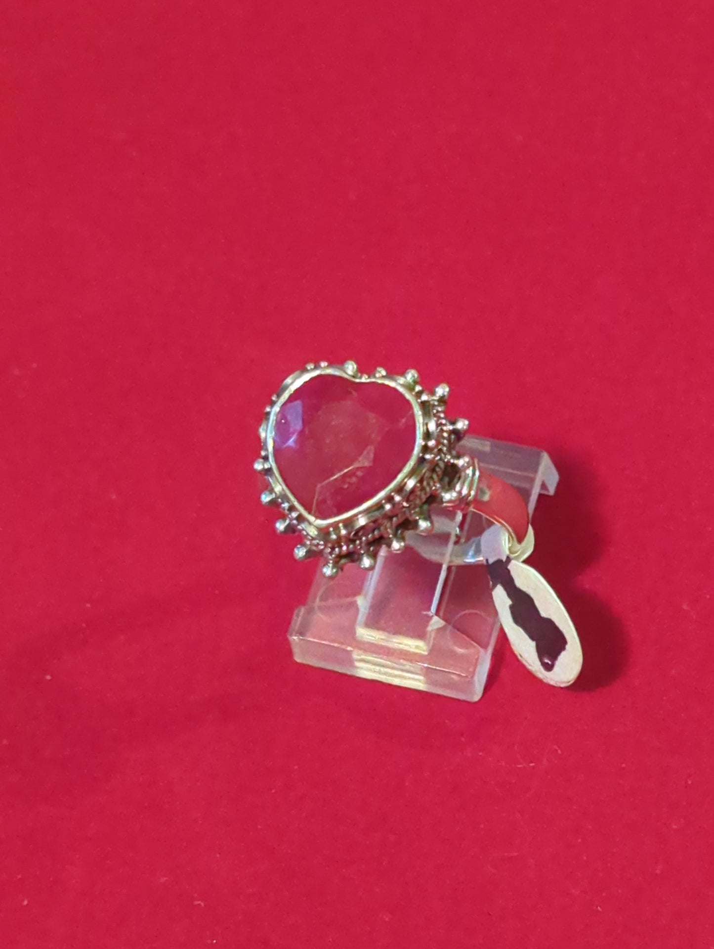 Facetted Ruby Heart Silver Ring Adjustable size