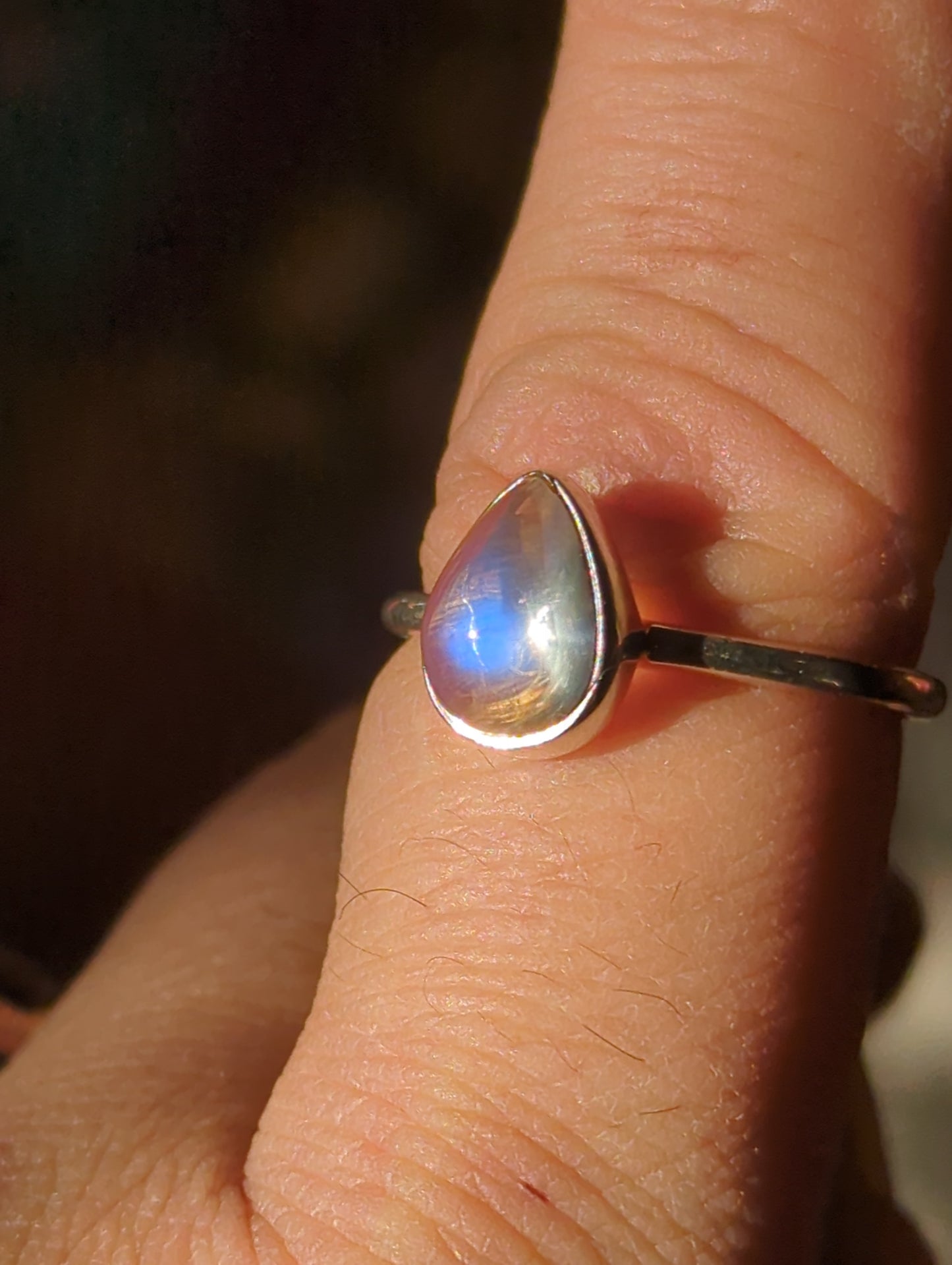 Rainbow Moonstone Teardrop Silver Ring sz 9